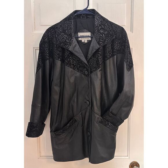 Vintage‎ Black Leather & Suede Jacket- Floral Embossed Pattern Retro 80s Style - Picture 1 of 8